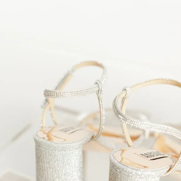 Badgley Mischka Rebekah Platinum Silver Women 8 Block Heel Sandal Fabric - Picture 9 of 14